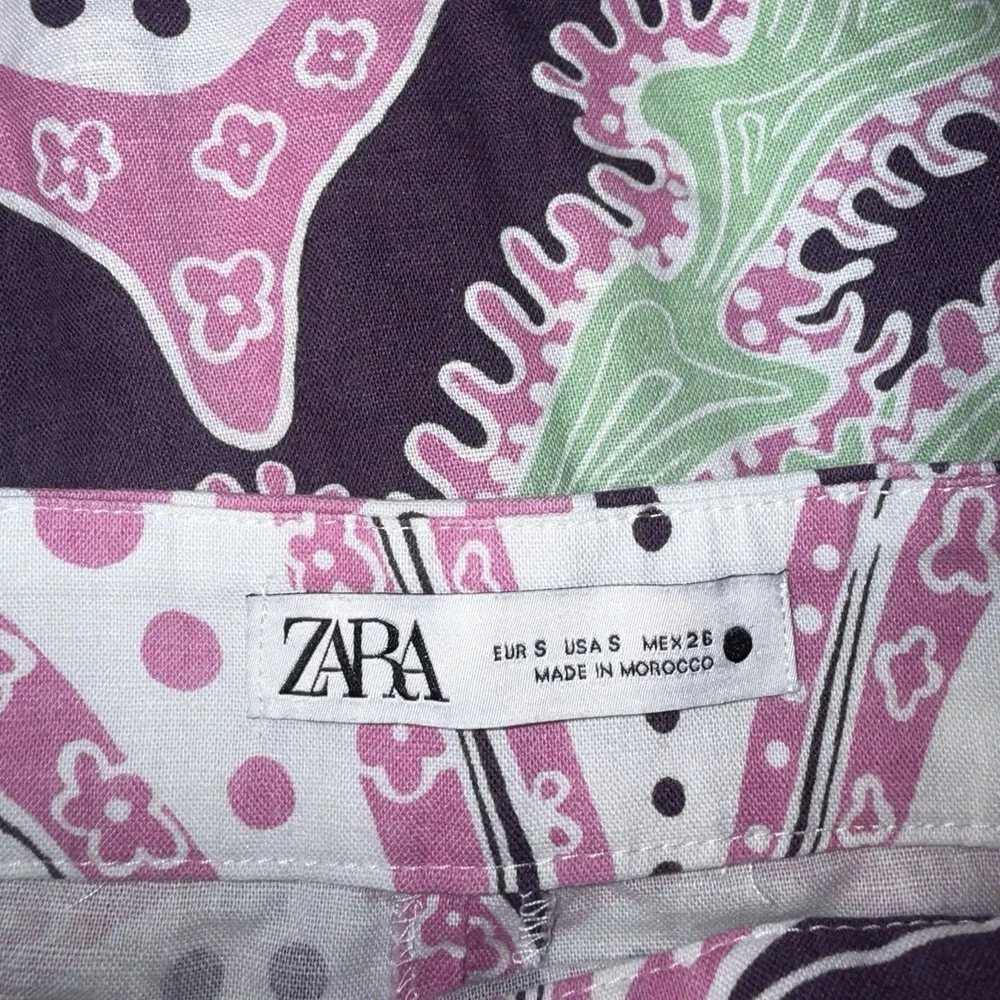 Zara Floral Paisley Print Linen Flare Leg Pants Women's Small